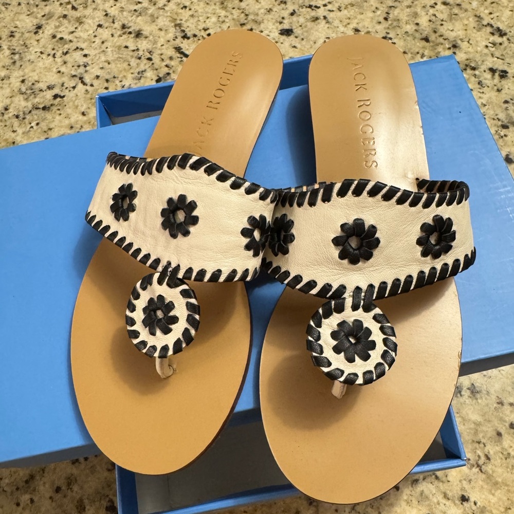 Jack Rogers Bone and Black Floral Demi Wedge Sandals